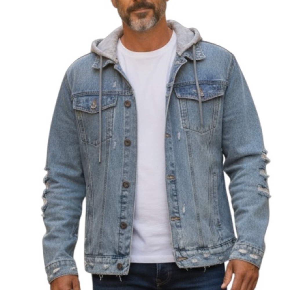 Men's Classic Jean Jacket with Sweatshirt Hoodie Blue Denim Jean 2321 Small